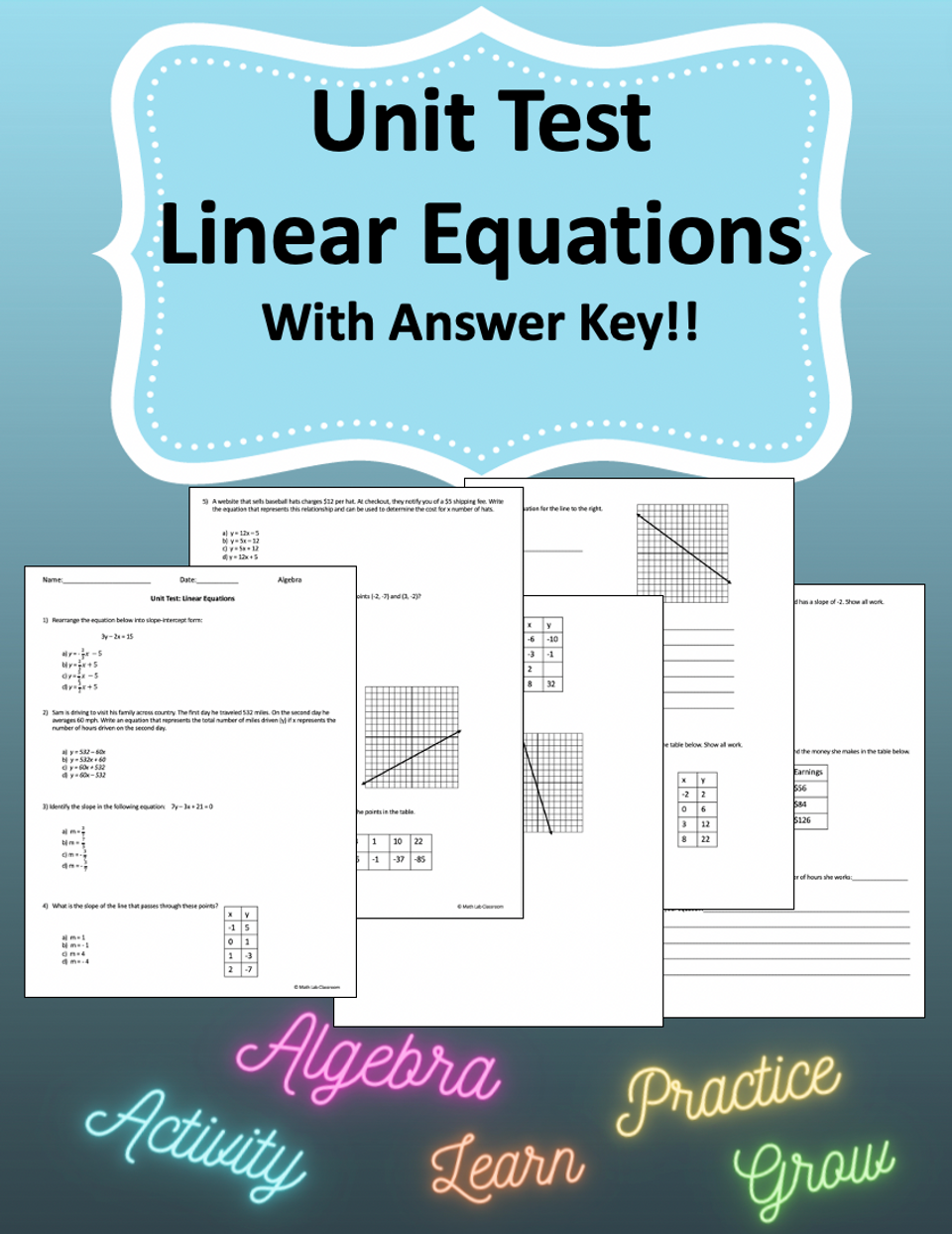 Linear equations unit test, assessment