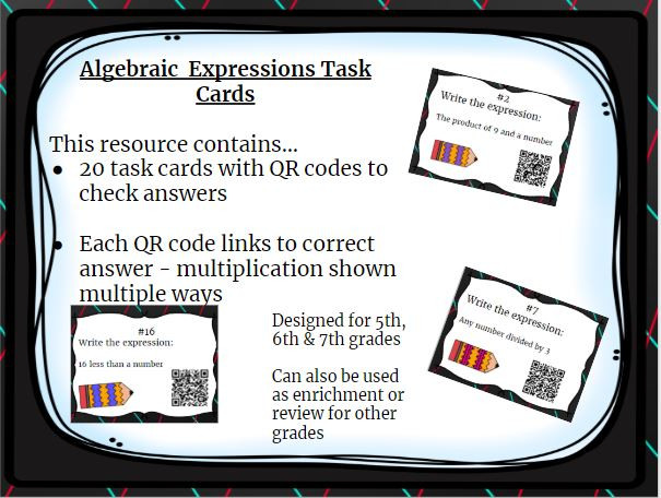 20 Algebraic Expressions Task Cards With QR Codes- Write the Expression