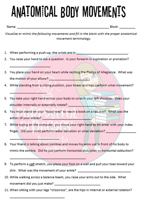 anatomical body movement terminology worksheet amped up learning