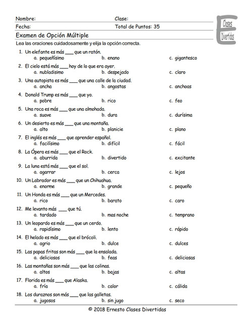 Comparative Adjectives Spanish Multiple Choice Exam - Amped Up Learning