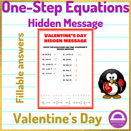 Valentine's Day One Step Equations Activity Hidden Message