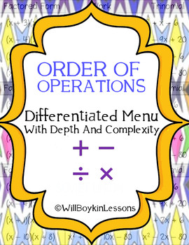 Order of Operations Differentiated Menu With Depth and Complexity(Exit ...