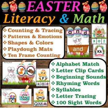 Easter Literacy & Math Centers Task Cards, Easter Activities Bundle