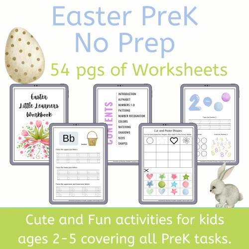 Easter PreK No Prep Worksheets with Eggs, Bunnies, and Flowers