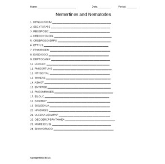 Nemertines and Nematodes Word Scramble for Invertebrate Biology - Amped ...