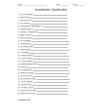 Invertebrate Classification Word Scramble for Invertebrate Biology ...