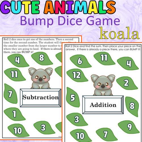 Addition and Subtraction Bump Game Cute Animals-KOALA Math Dice Game