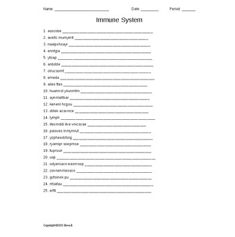 Immune System Word Scramble for Vet. Science Students - Amped Up Learning