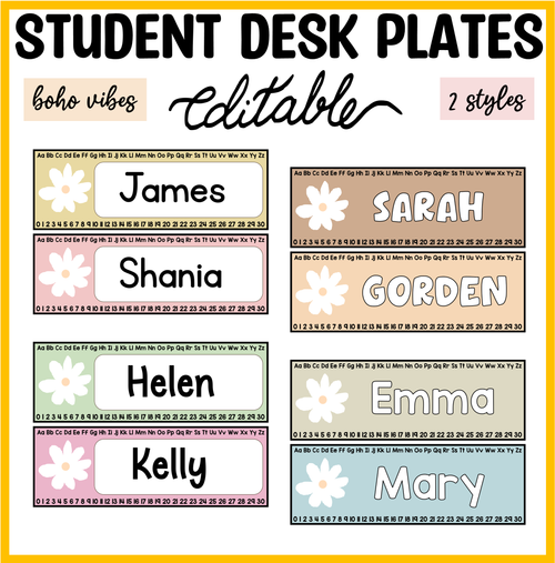 Boho Daisy Student Desk Labels, Floral Name Posters, Editable Classroom ...
