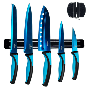 Kitchen Knife Set Kit & Black Magnetic Rack & Sharpener DC-SiliSlick®