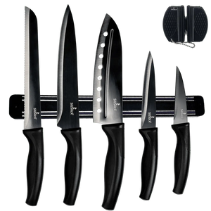 Kitchen Knife Set Kit | Black Magnetic Rack & Sharpener DC-SiliSlick®