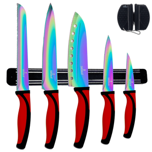Kitchen Knife Set Kit | Red Handle & Black Magnetic Rack DC-SiliSlick®