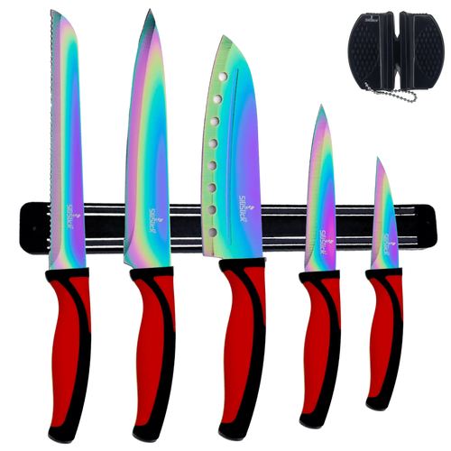 Kitchen Knife Set Kit | Red Handle & Black Magnetic Rack DC-SiliSlick®