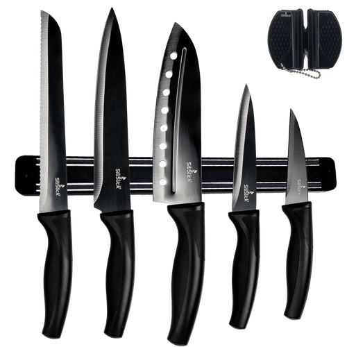 Kitchen Knife Set Kit | Black Magnetic Rack & Sharpener DC-SiliSlick®
