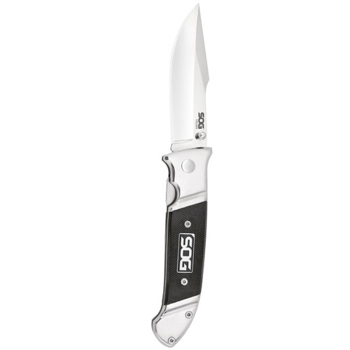 Sog Fielder Folding Knife 3.3" Satin Clip Point Blade Black G10 Handles