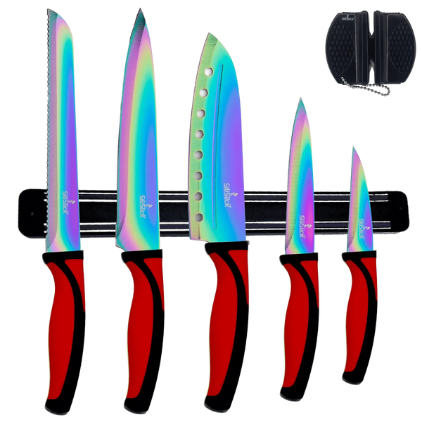 Kitchen Knife Set Kit | Red Handle & Black Magnetic Rack DC-SiliSlick®