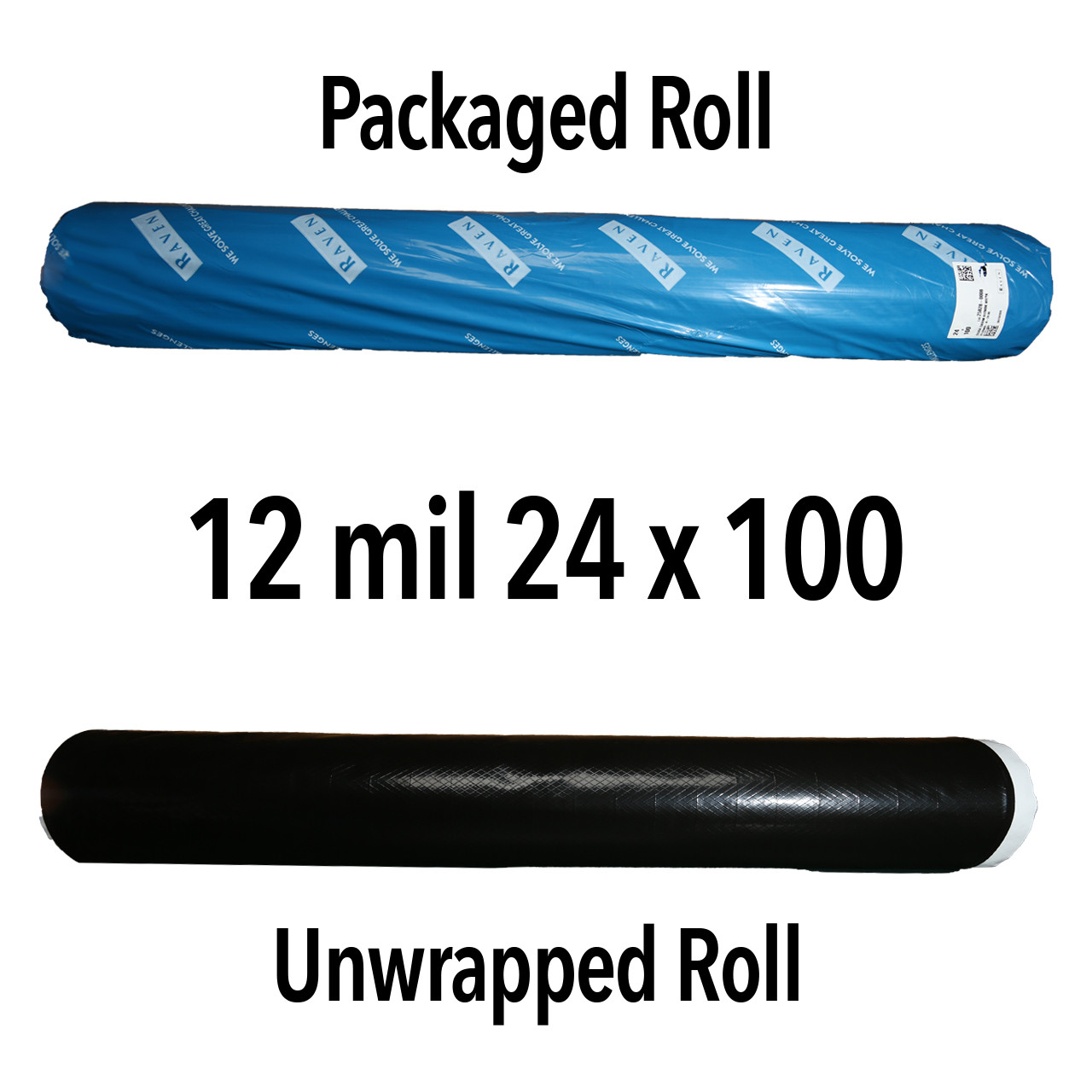 A wrapped and unwrapped roll of 12 mil 24 foot by 100 vapor barrier.