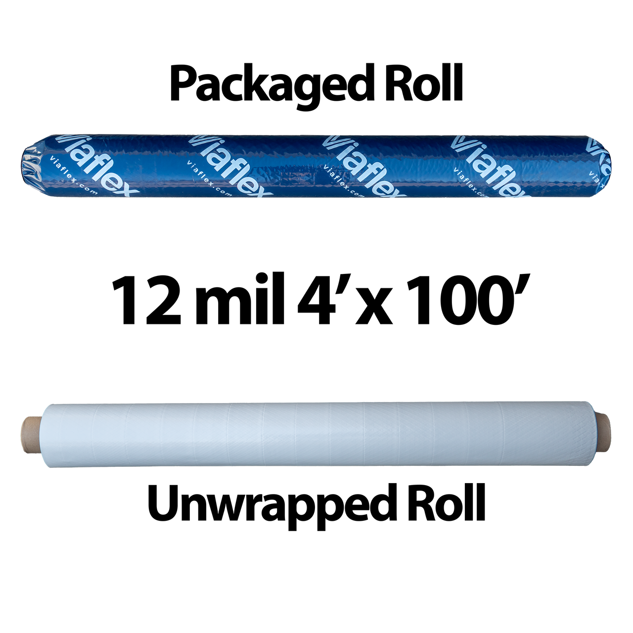 A packaged and bare roll of 12 mil 4 foot by 100 foot plastic sheeting.