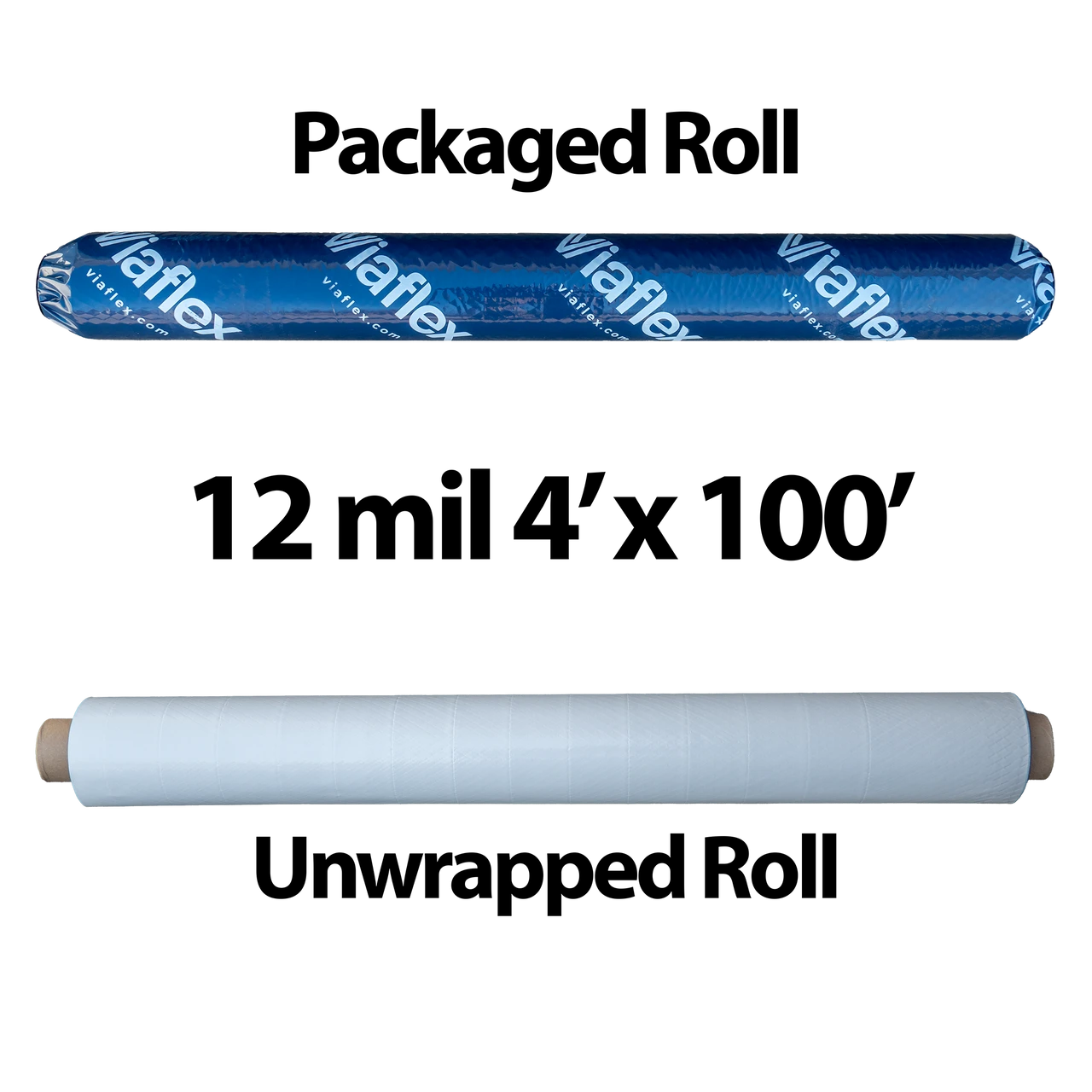 A packaged and bare roll of 12 mil 4 foot by 100 foot vapor barrier.