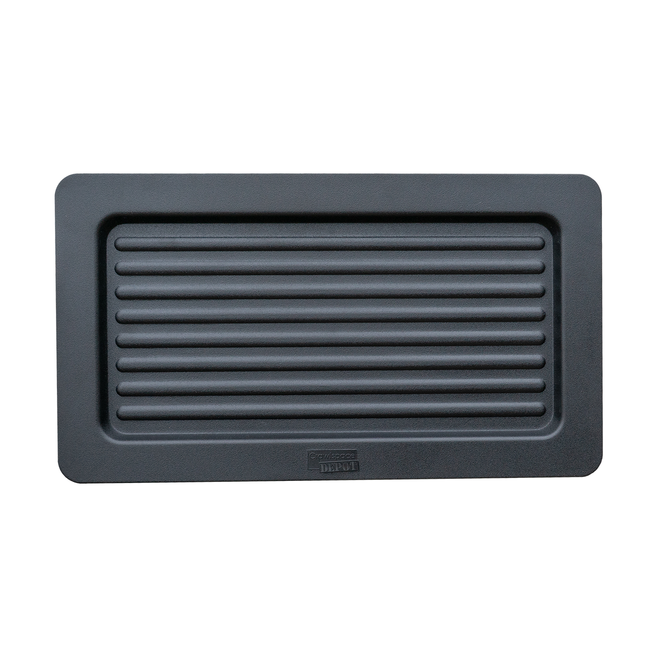 Front view of exterior foundation vent cover designed to seal standard 16x8 foundation vent openings for encapsulated crawl spaces