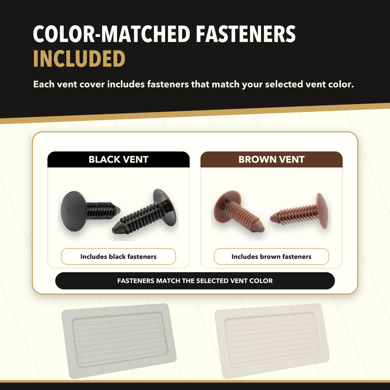 Includes Christmas Tree Fasteners, matched to the vent color purchased