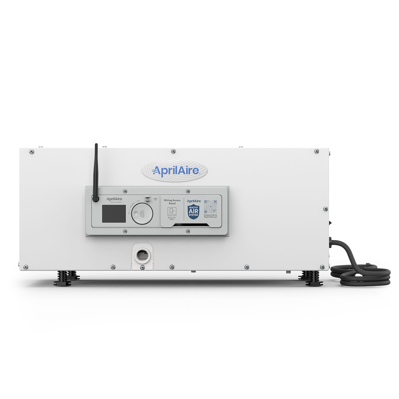 AprilAire E050W dehumidifier side view showing built-in digital control panel and Wi-Fi enabled display