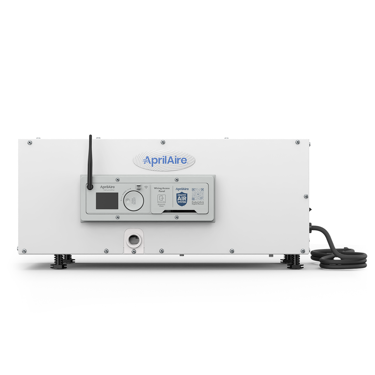 AprilAire E050W dehumidifier side view showing built-in digital control panel and Wi-Fi enabled display