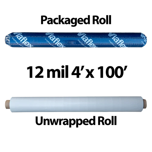 A packaged and bare roll of 12 mil 4 foot by 100 foot vapor barrier.