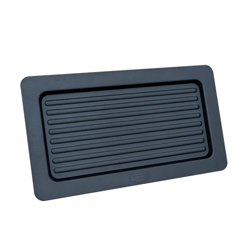 Angled exterior foundation vent cover with textured matte finish, designed to cleanly seal foundation vents from outside the home