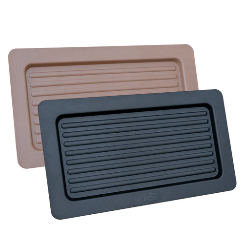 Angled exterior foundation vent cover with textured matte finish, designed to cleanly seal foundation vents from outside the home.  Displayed in black and brown.