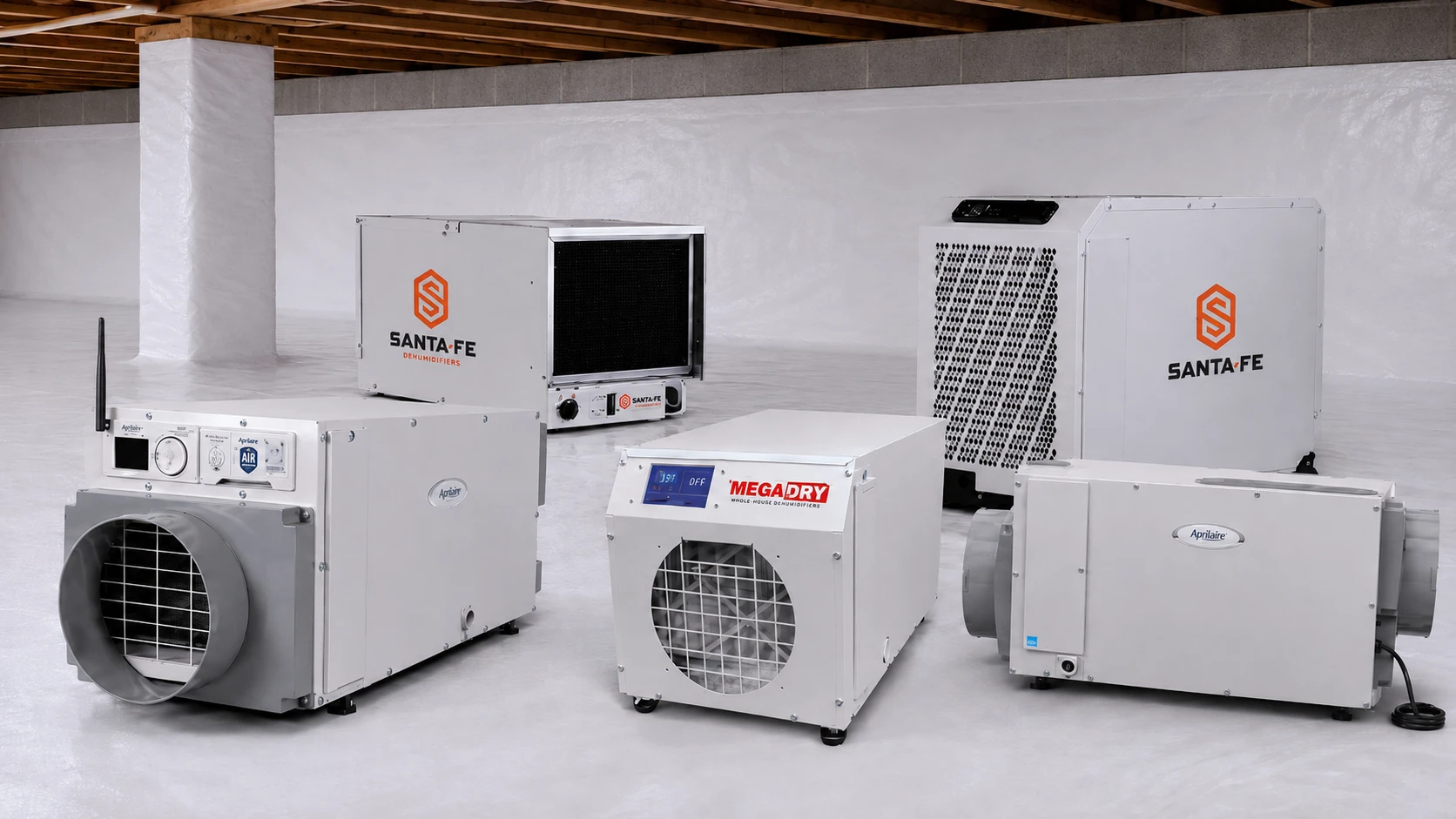 AprilAire, Santa Fe and Mega Dry dehumidifiers displayed in a clean encapsulated crawl space