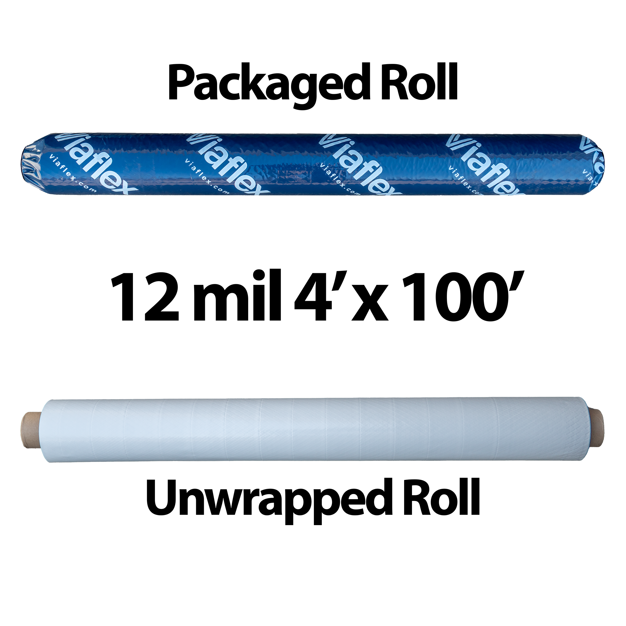 A packaged and bare roll of 12 mil 4 foot by 100 foot vapor barrier.