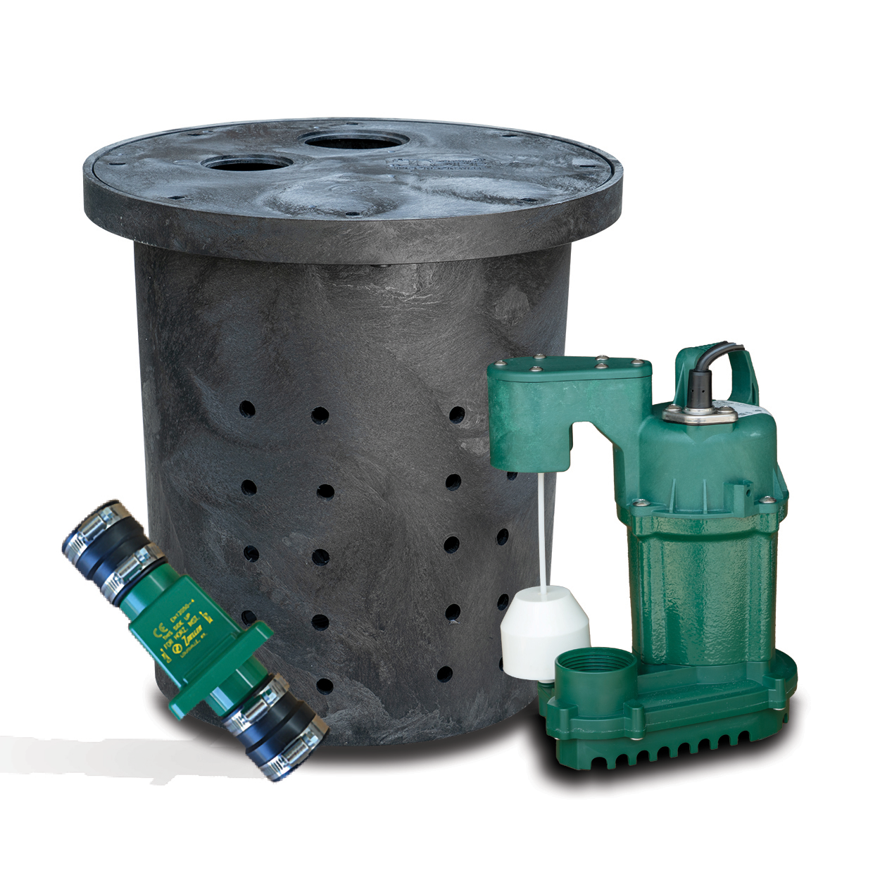 Sump Pump Package includes Zoeller Model 73 Sump Pump, Check Valve, and Basin with lid