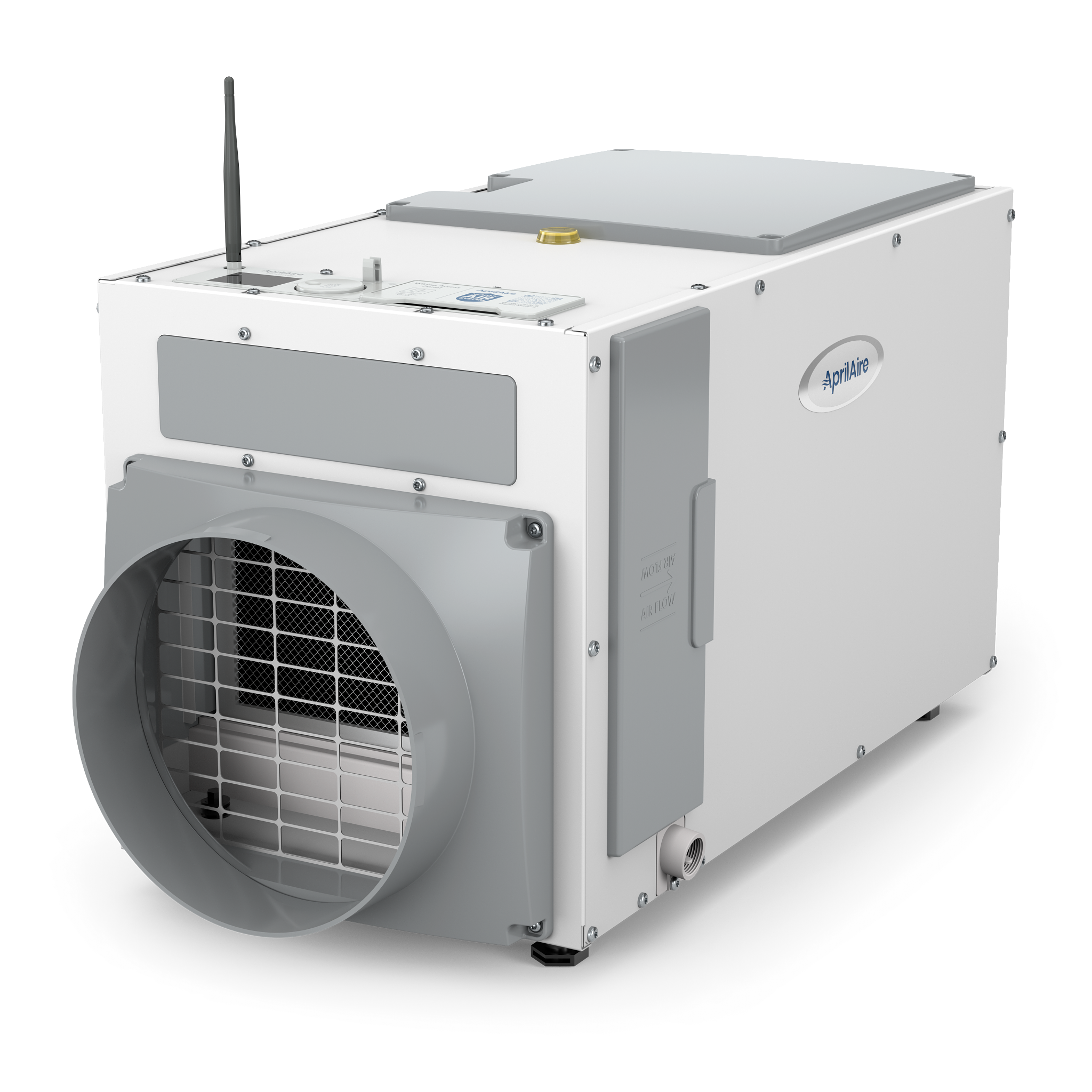 Front view of Wi-Fi Aprilaire Dehumidifier with controls mounted on top