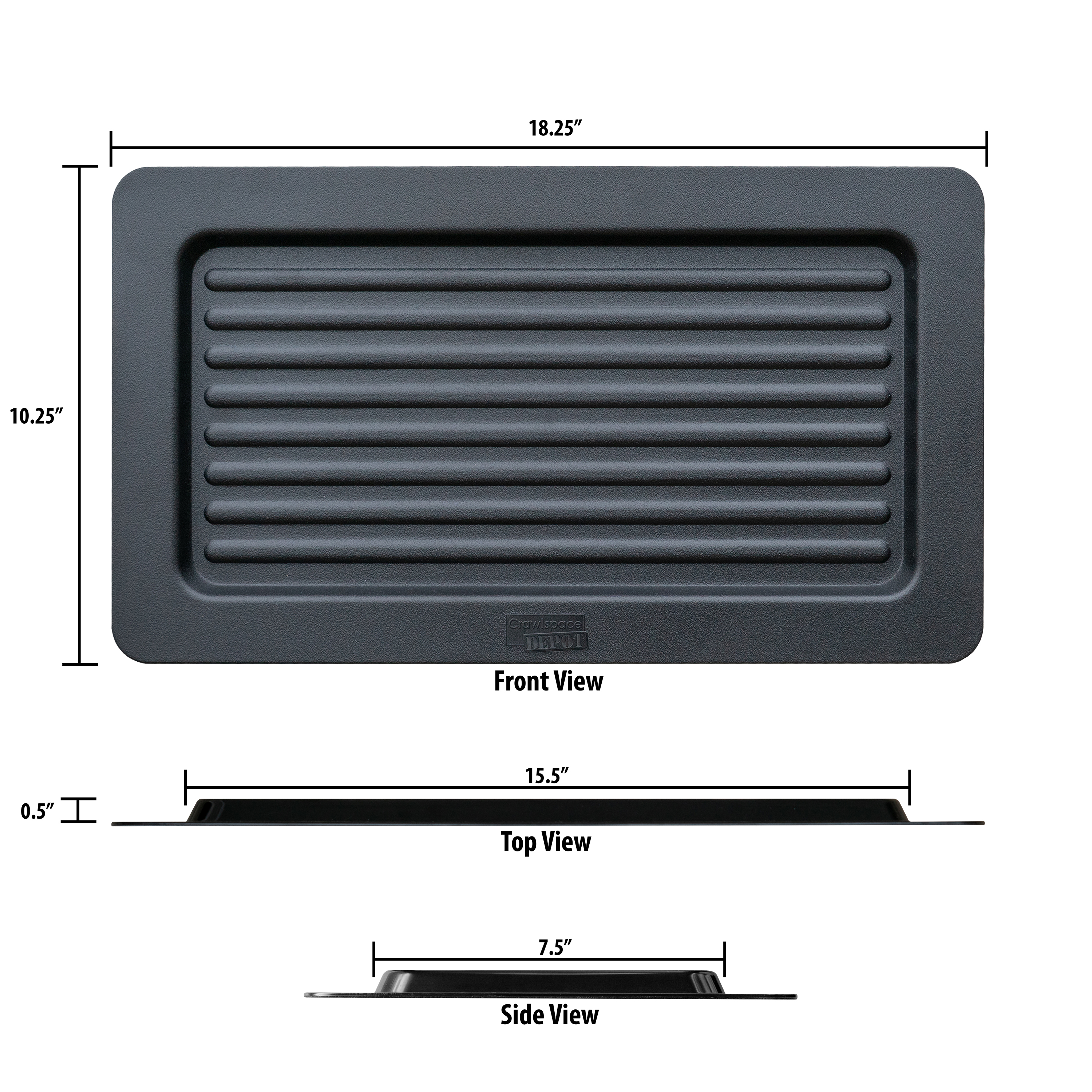 Exterior foundation vent cover shown with front and side profile views to illustrate overall dimensions and low-profile depth
