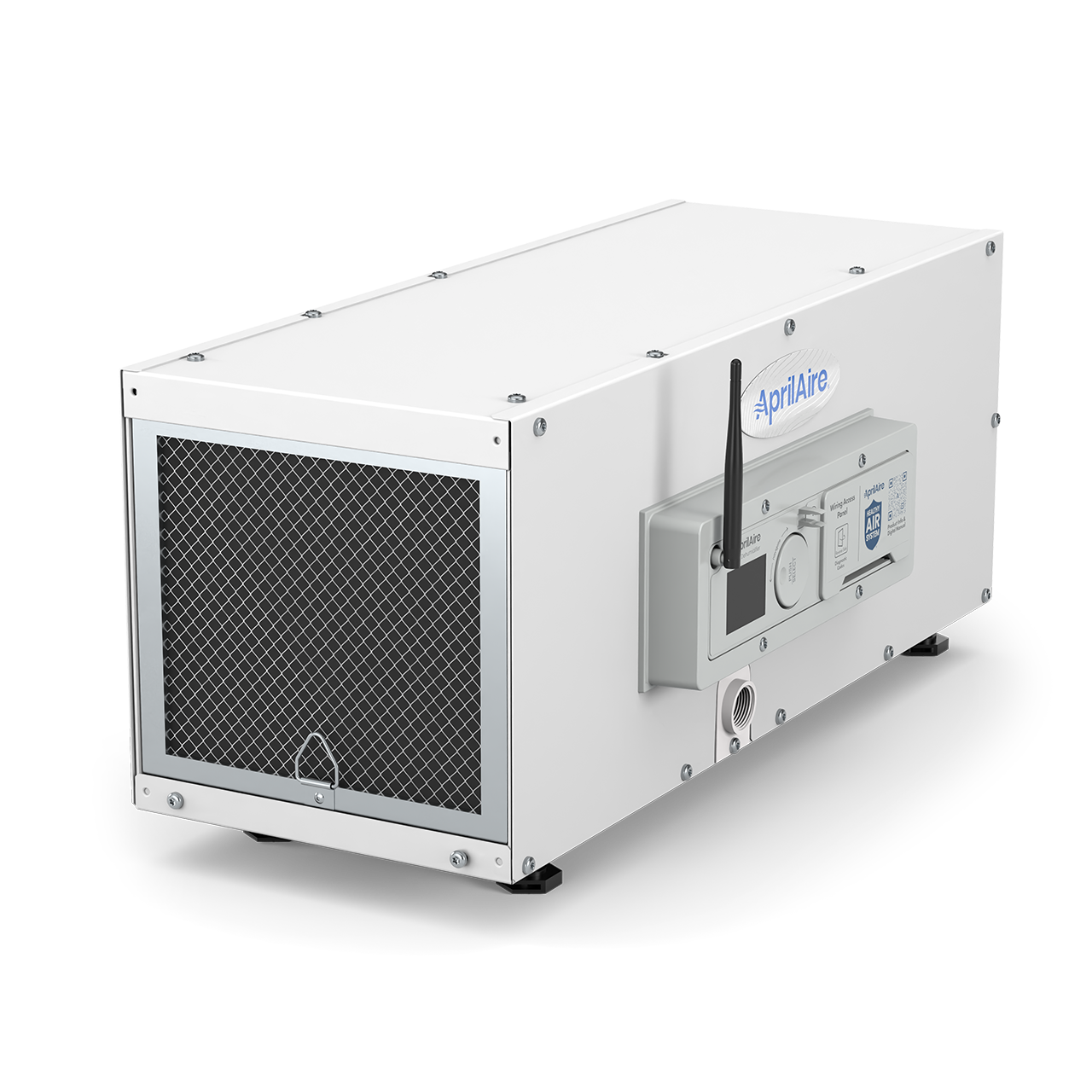 AprilAire E050W Wi-Fi enabled crawl space and basement dehumidifier shown in angled view with front air intake and digital control panel
