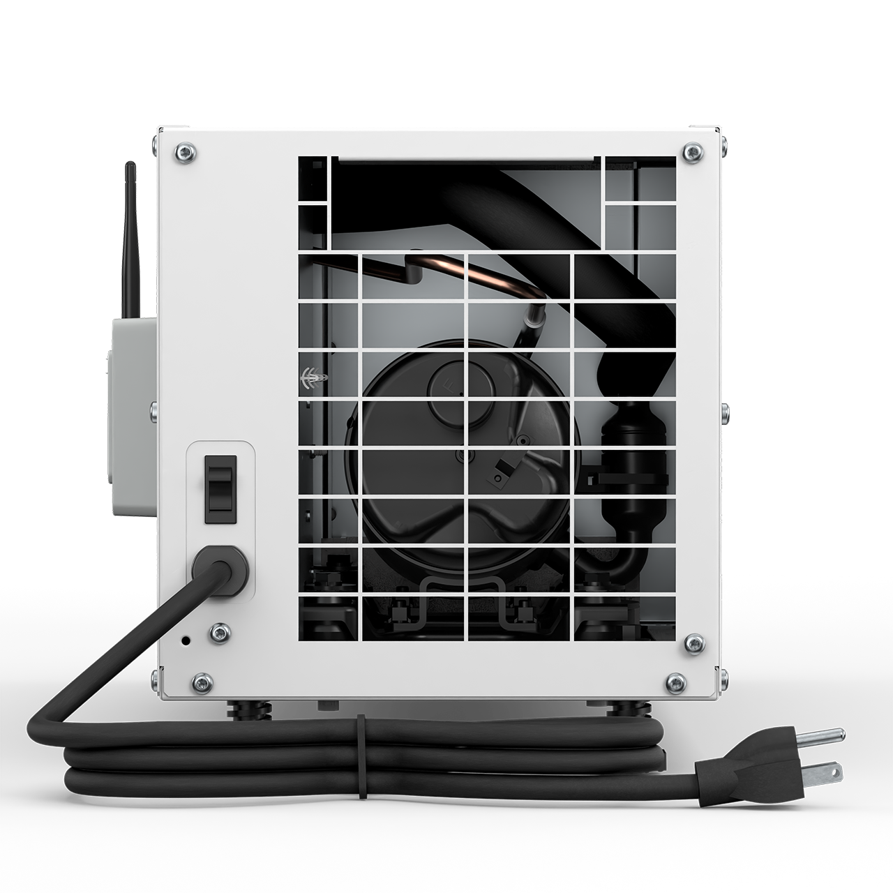 Rear view of the AprilAire E050W dehumidifier showing internal fan assembly and power cord location.