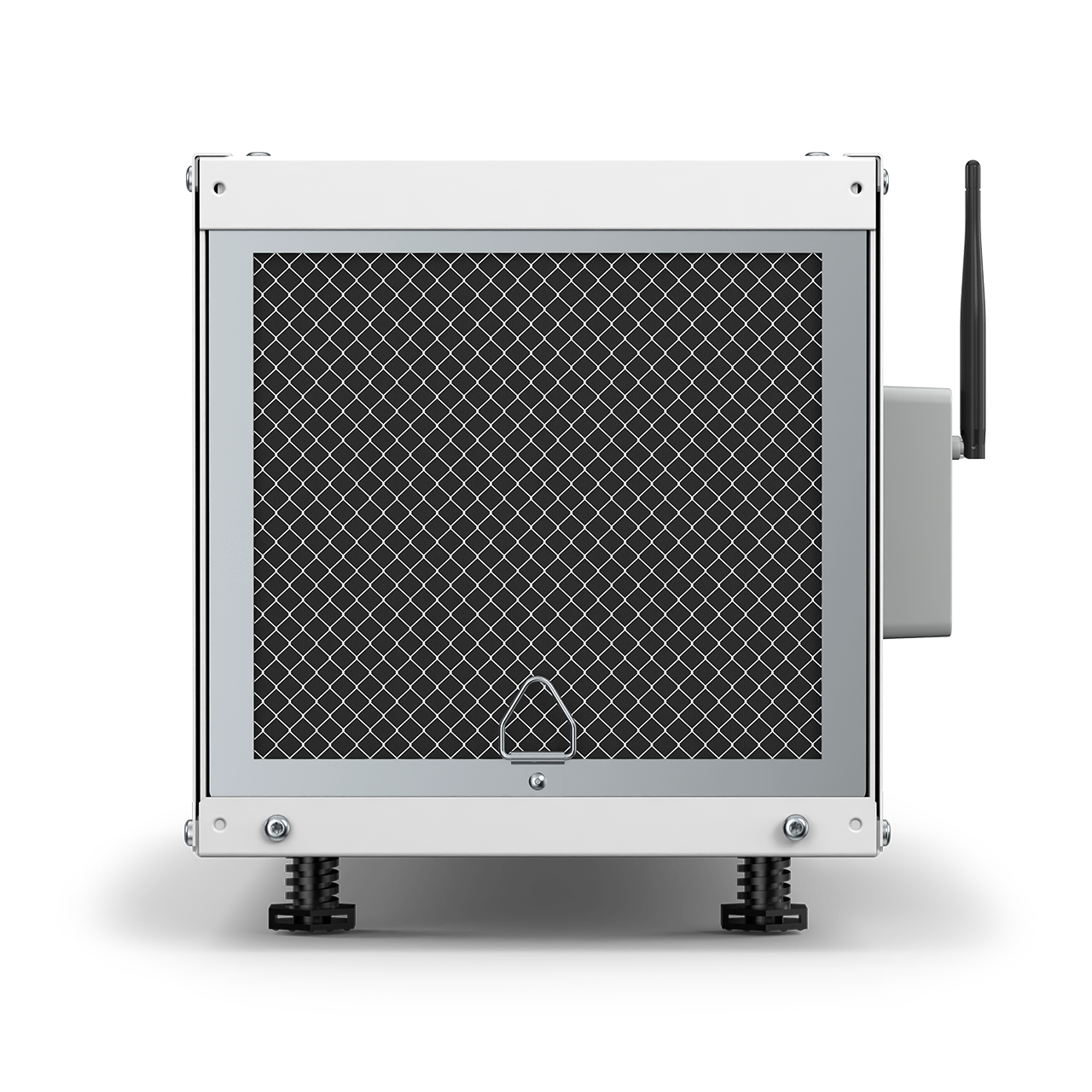 Front view of the AprilAire E050W Wi-Fi dehumidifier showing front air intake grille and compact cabinet design