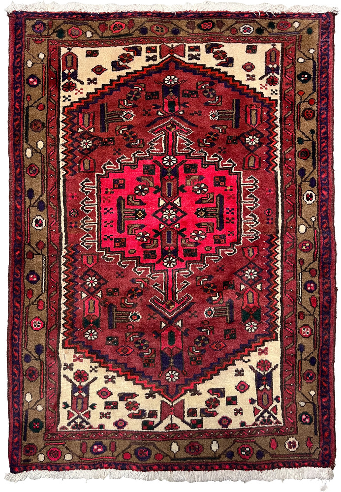 Full view of a 3'3 x 4'4 antique Persian Hamedan tribal rug with bold red geometric medallion, ivory spandrels, and classic village border motifs