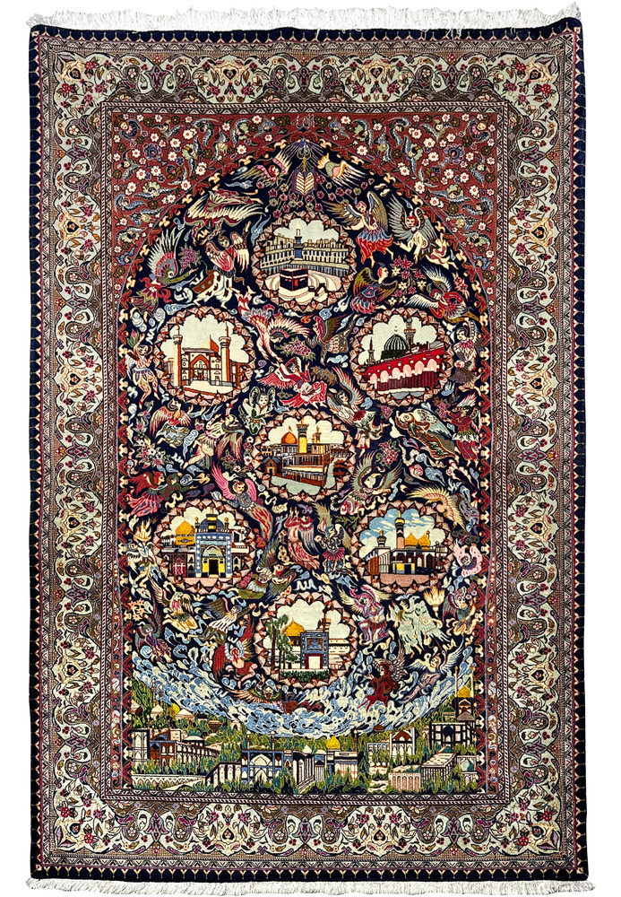 Full view of a 4'3 x 6'7" Persian Tabriz rug showcasing a unique religious pattern on a cotton foundation
