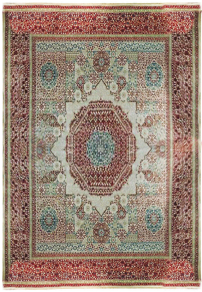 Close-up of the central medallion pattern on a handmade Agra rug, showcasing the detailed craftsmanship and rich burgundy color Close-up of the central medallion pattern on a handmade Agra rug, showcasing the detailed craftsmanship and rich burgundy color