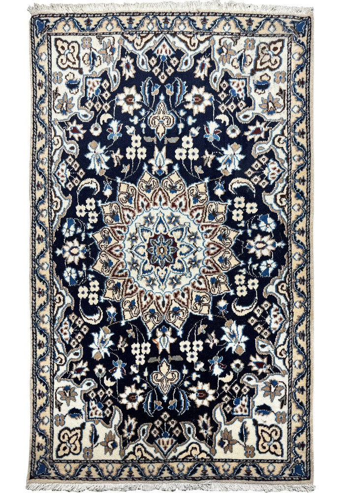 Hand-knotted Persian Nain rug with navy blue field and intricate floral medallion design in 3x5 size Hand-knotted Persian Nain rug with navy blue field and intricate floral medallion design in 3x5 size