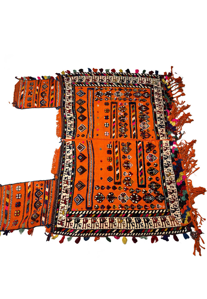 Antique Persian Qashqai Horse Cover Rug showcasing rich orange and black geometric patterns Antique Persian Qashqai Horse Cover Rug showcasing rich orange and black geometric patterns