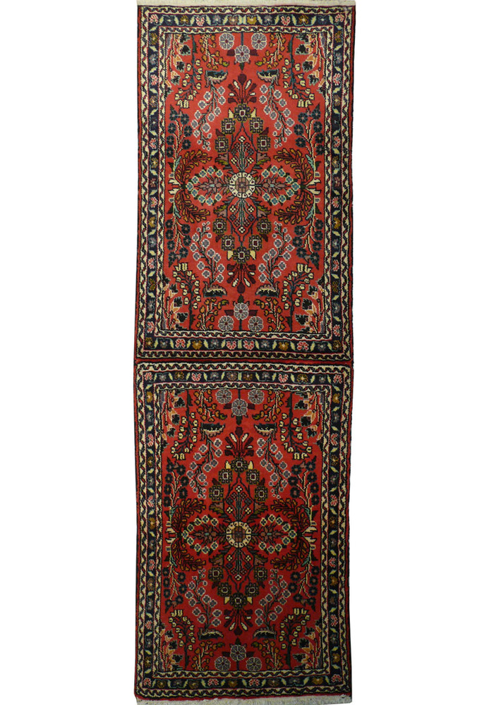 Full-length view of a Persian Darjazin runner rug with a deep red central field bordered by intricate guard borders. Full-length view of a Persian Darjazin runner rug with a deep red central field bordered by intricate guard borders.