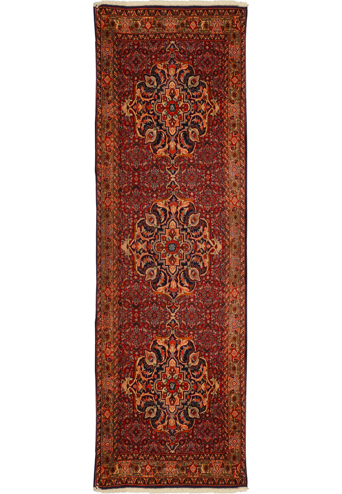 Full-length view of a 3 x 10 Persian Bijar Runner with intricate red, blue, and cream patterns Full-length view of a 3 x 10 Persian Bijar Runner with intricate red, blue, and cream patterns