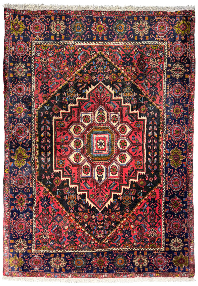 Top view of a Persian Gholtogh rug laid flat, displaying the full intricate design and vibrant color palette with a prominent red central medallion Top view of a Persian Gholtogh rug laid flat, displaying the full intricate design and vibrant color palette with a prominent red central medallion