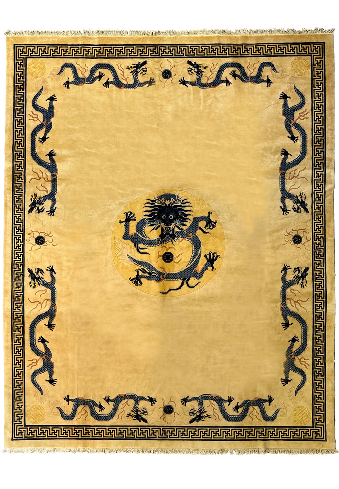Over view of a 9 x 12 Chinese Beijing Dragon Rug with a creamy beige background and blue dragon motifs Over view of a 9 x 12 Chinese Beijing Dragon Rug with a creamy beige background and blue dragon motifs