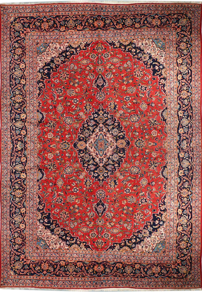 A front-facing image of a Persian Kashan rug laid flat, showing the entire pattern with a vibrant red field, central medallion, and intricate floral and geometric patterns in shades of blue, cream, and orange. A front-facing image of a Persian Kashan rug laid flat, showing the entire pattern with a vibrant red field, central medallion, and intricate floral and geometric patterns in shades of blue, cream, and orange.