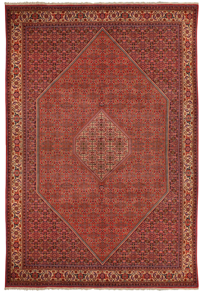 An 8'3" x 11'5" Persian Bijar Iron Rug laid out flat, displaying an array of intricate floral patterns and dense knotting in rich reds, blues, and creams, with a prominent central diamond medallion and wide, decorative borders. An 8'3" x 11'5" Persian Bijar Iron Rug laid out flat, displaying an array of intricate floral patterns and dense knotting in rich reds, blues, and creams, with a prominent central diamond medallion and wide, decorative borders.