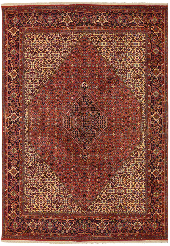 A full display of an 8'2" x 11'6" Persian Bijar Iron Rug laid flat, showcasing the dense weave, rich reds, and intricate geometric and floral designs that define its heritage. A full display of an 8'2" x 11'6" Persian Bijar Iron Rug laid flat, showcasing the dense weave, rich reds, and intricate geometric and floral designs that define its heritage.